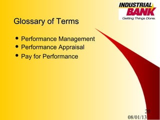08/01/13
20
Glossary of TermsGlossary of Terms
 Performance Management
 Performance Appraisal
 Pay for Performance
 