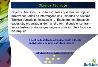 Objetos TécnicosObjetos TécnicosObjetos TécnicosObjetos Técnicos
Objetos Técnicos - São estruturas que tem por objetivo
armazenar todas as informações das unidades do sistema
Técnico : Locais de Instalação e Equipamentos.Estas uni-
dades são organizadas de maneira formal,onde encontram-
se cadastrados dados que seguem uma estrutura lógica e
hierárquica.
estruturas hierárquicas multi-nível
Local de Instalação e Equipamento = locais
individuais em uma estrutura técnica.
 