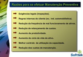 Razões para se efetuar Manutenção PreventivaRazões para se efetuar Manutenção PreventivaRazões para se efetuar Manutenção PreventivaRazões para se efetuar Manutenção Preventiva
Exigências legais (inspeções).
Regras internas do cliente (ex.: ind. automobilística).
Redução da frequência de mal funcionamento de ativos.
Redução de relançamento de custos.
Aumento da produtividade.
Aumento do ciclo de vida do ativo.
Melhor controle da utilização da capacidade.
Redução dos custos de manutenção.
 