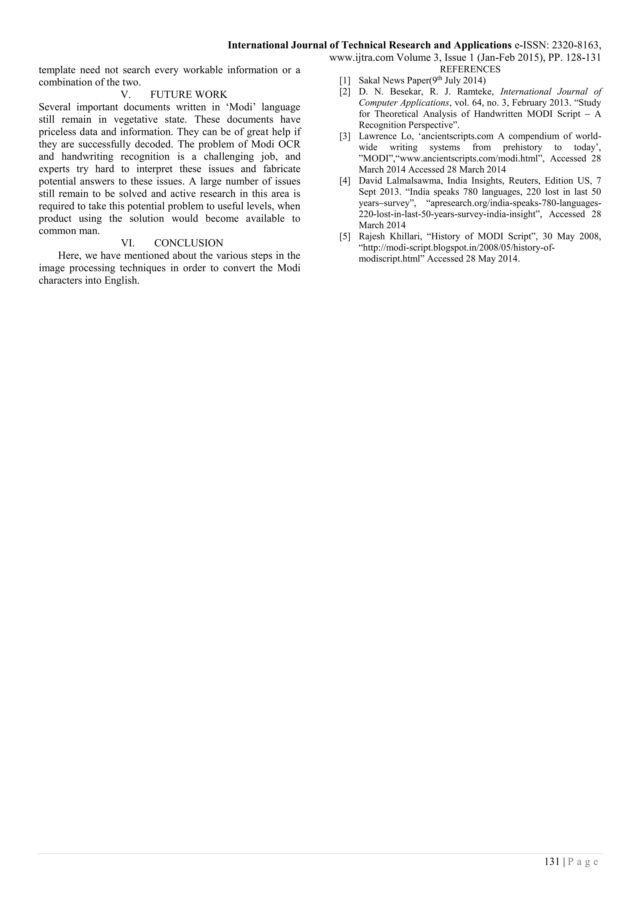 RECOGNITION AND CONVERSION OF HANDWRITTEN MODI CHARACTERS | PDF