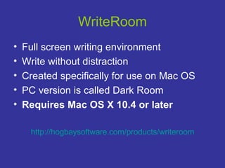 WriteRoom Full screen writing environment  Write without distraction  Created specifically for use on Mac OS PC version is called Dark Room Requires Mac OS X 10.4 or later   http://hogbaysoftware.com/products/writeroom 