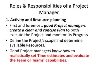 Roles & Responsibilities of a Project
Manager
1. Activity and Resource planning
• First and foremost, good Project managers
create a clear and concise Plan to both
execute the Project and monitor its Progress
• Define the Project’s scope and determine
available Resources.
• Good Project managers know how to
realistically set Time estimates and evaluate
the Team or Teams’ capabilities.
 