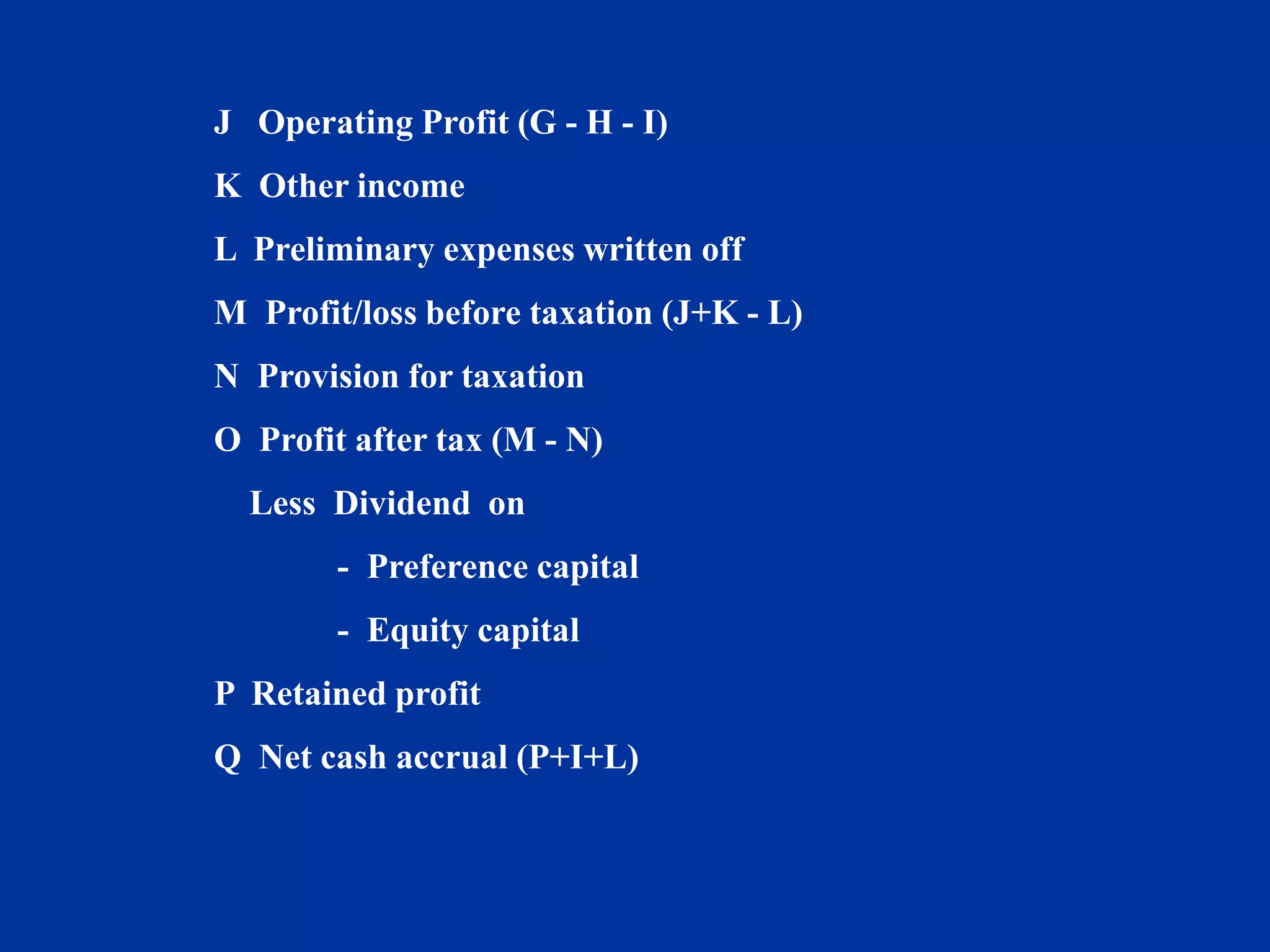 J Operating Profit (G - H - I)
K Other income
L Preliminary expenses written off
M Profit/loss before taxation (J+K - L)
N Provision for taxation
O Profit after tax (M - N)
Less Dividend on
- Preference capital
- Equity capital
P Retained profit
Q Net cash accrual (P+I+L)
 
