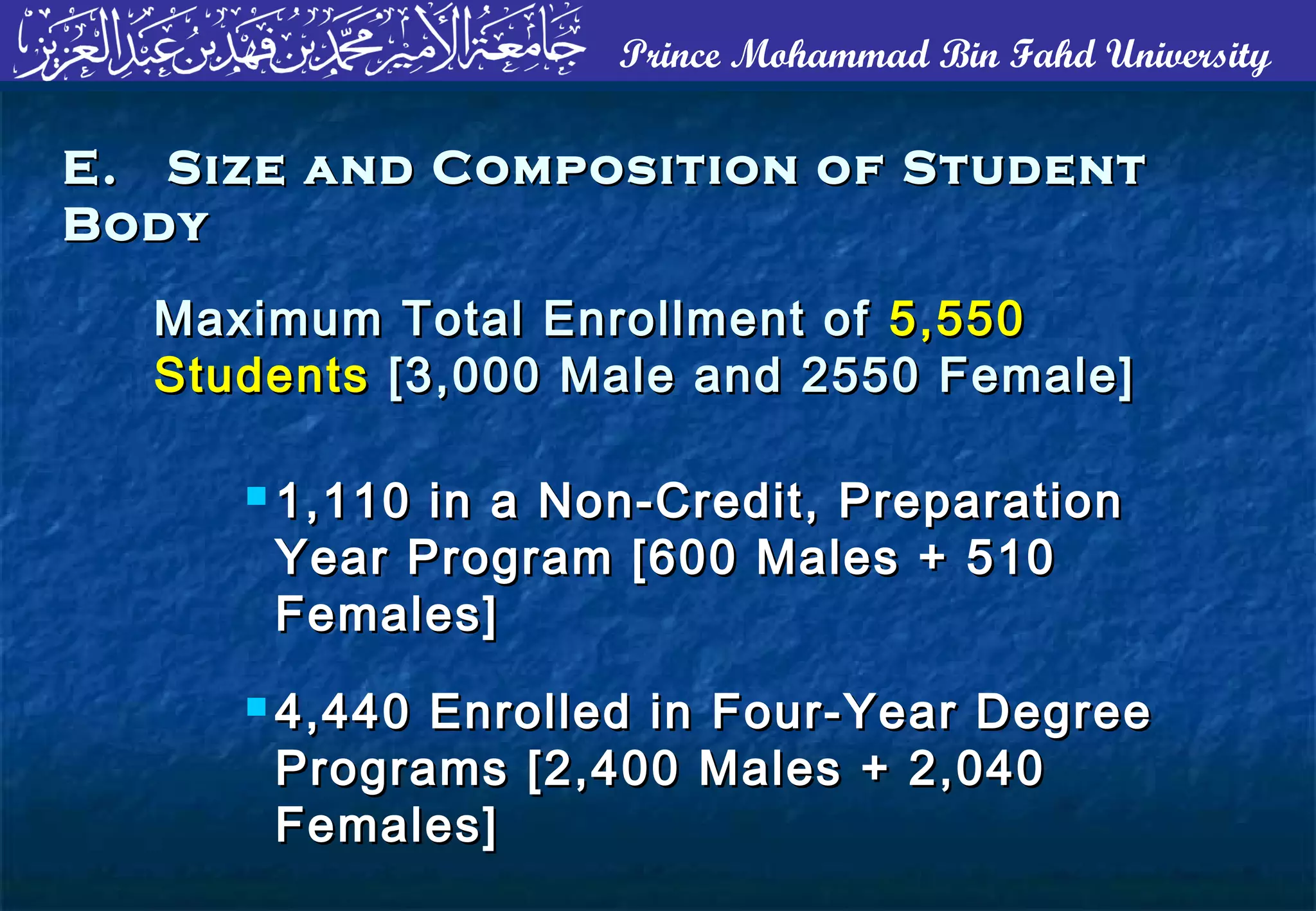 Prince Mohammad Bin Fahd University
E. Size and Composition of StudentE. Size and Composition of Student
BodyBody
 1,110 in a Non-Credit, Preparation1,110 in a Non-Credit, Preparation
Year Program [600 Males + 510Year Program [600 Males + 510
Females]Females]
 4,440 Enrolled in Four-Year Degree4,440 Enrolled in Four-Year Degree
Programs [2,400 Males + 2,040Programs [2,400 Males + 2,040
Females]Females]
Maximum Total Enrollment ofMaximum Total Enrollment of 5,5505,550
StudentsStudents [3,000 Male and 2550 Female][3,000 Male and 2550 Female]
 