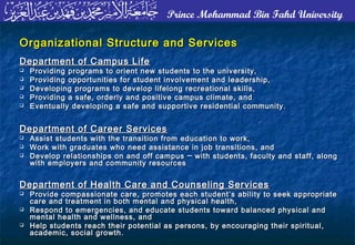 Prince Mohammad Bin Fahd University
Organizational Structure and ServicesOrganizational Structure and Services
Department of Campus LifeDepartment of Campus Life
 Providing programs to orient new students to the university,Providing programs to orient new students to the university,
 Providing opportunities for student involvement and leadership,Providing opportunities for student involvement and leadership,
 Developing programs to develop lifelong recreational skills,Developing programs to develop lifelong recreational skills,
 Providing a safe, orderly and positive campus climate, andProviding a safe, orderly and positive campus climate, and
 Eventually developing a safe and supportive residential community.Eventually developing a safe and supportive residential community.
Department of Career ServicesDepartment of Career Services
 Assist students with the transition from education to work,Assist students with the transition from education to work,
 Work with graduates who need assistance in job transitions, andWork with graduates who need assistance in job transitions, and
 Develop relationships on and off campusDevelop relationships on and off campus ── with students, faculty and staff, alongwith students, faculty and staff, along
with employers and community resourceswith employers and community resources
Department of Health Care and Counseling ServicesDepartment of Health Care and Counseling Services
 Provide compassionate care, promotes each student’s ability to seek appropriateProvide compassionate care, promotes each student’s ability to seek appropriate
care and treatment in both mental and physical health,care and treatment in both mental and physical health,
 Respond to emergencies, and educate students toward balanced physical andRespond to emergencies, and educate students toward balanced physical and
mental health and wellness, andmental health and wellness, and
 Help students reach their potential as persons, by encouraging their spiritual,Help students reach their potential as persons, by encouraging their spiritual,
academic, social growth.academic, social growth.
 