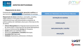 ASPECTOS INSTITUCIONAIS
Compreensão das estruturas sociais, gerenciais e políticas em
que ocorrem as políticas públicas de mobilidade no município.
Mapeamento de atores (indivíduos, associações, conselhos,
órgãos públicos e instituições) relevantes no contexto
institucional em que serão desenvolvidas as propostas de
políticas públicas de mobilidade urbana para o Município do Rio
de Janeiro.
• Câmara Metropolitana de Integração Governamental do Rio
de Janeiro (CIG) e Grupo Executivo de Gestão Metropolitana
• Estrutura Institucional dos Serviços de Transporte
• Gestão pública da mobilidade urbana
• Democracia participativa / Conselhos Municipais
• Sociedade Civil Organizada
• Entidades Empresariais, profissionais e Sindicatos
Mapeamento de atores
ETAPAS DO PROCESSO DAS POLÍTICAS PÚBLICAS
DEFINIÇÃO DE AGENDA
FORMULAÇÃO
IMPLEMENTAÇÃO / GESTÃO
AVALIAÇÃO
 