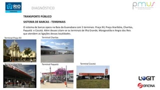 DIAGNÓSTICO
TRANSPORTE PÚBLICO
SISTEMA DE BARCAS - TERMINAIS
O sistema de barcas opera na Baía da Guanabara com 5 terminais: Praça XV, Praça Araribóia, Charitas,
Paquetá e Cocotá. Além desses citam-se os terminais de Ilha Grande, Mangaratiba e Angra dos Reis
que atendem as ligações dessas localidades.
Terminal Praça XV Terminal Charitas
Terminal Araribóia Terminal Paquetá Terminal Cocotá
 