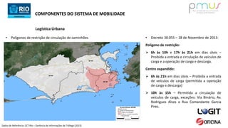 COMPONENTES DO SISTEMA DE MOBILIDADE
• Polígonos de restrição de circulação de caminhões
Logística Urbana
Dados de Referência: CET-Rio – Gerência de Informações de Tráfego (2015)
• Decreto 38.055 – 18 de Novembro de 2013:
Polígono de restrição:
 6h às 10h e 17h às 21h em dias úteis –
Proibida a entrada e circulação de veículos de
carga e a operação de carga e descarga.
Centro expandido:
 6h às 21h em dias úteis – Proibida a entrada
de veículos de carga (permitida a operação
de carga e descarga)
 10h às 15h – Permitida a circulação de
veículos de carga, exceções: Via Binário, Av.
Rodrigues Alves e Rua Comandante Garcia
Pires.
 