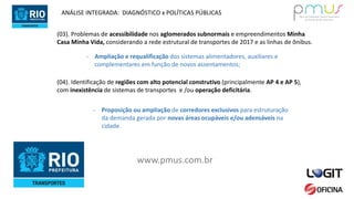 www.pmus.com.br
(03). Problemas de acessibilidade nos aglomerados subnormais e empreendimentos Minha
Casa Minha Vida, considerando a rede estrutural de transportes de 2017 e as linhas de ônibus.
- Ampliação e requalificação dos sistemas alimentadores, auxiliares e
complementares em função de novos assentamentos;
ANÁLISE INTEGRADA: DIAGNÓSTICO x POLÍTICAS PÚBLICAS
(04). Identificação de regiões com alto potencial construtivo (principalmente AP 4 e AP 5),
com inexistência de sistemas de transportes e /ou operação deficitária.
- Proposição ou ampliação de corredores exclusivos para estruturação
da demanda gerada por novas áreas ocupáveis e/ou adensáveis na
cidade.
 