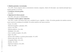 56
b) Madeiras pintadas e envernizadas:
- 45 a 60%. Nessa categoria estão os instrumentos musicais, maquetes, objetos de decoração, cujo material principal seja a
madeira pintada ou revestida.
c) Cerâmicas, terracota, pedra:
- 20 a 60%.
d) Espécimes de ciência natural:
- 40 a 60%, salvo para as embalsamadas.
e) Vestuário e têxteis, tapetes e tapeçarias:
- 30 a 50%. A seda e a lã sofrem mais com a umidade do que o algodão e o linho. Os tecidos pintados são também extrema-
mente sensíveis às mudanças da umidade. Os tecidos sintéticos são menos sensíveis.
- Couro: 45 a 60%
- Material etnográfico e plumária: 40%
- Insetos: 40 a 60%
- Materiais plásticos: 30 a 50%
- Mobiliário: 40 a 60%
- Osso e marfim esculpido: 30 a 60%
- Papel: 40 a 60%
- Pintura sobre madeira e escultura policromadas: 45 a 60%
- Pintura sobre tela: 40 a 55%
- Fotografias/filmes: 30 a 45%
- Moedas: 20 a 40%
- Espécimes botânicos: 40 a 60%
- Vidro: 40 a 60%
 