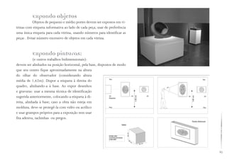 63
Expondo Objetos
Objetos de pequeno e médio portes devem ser expostos em vi-
trinas com etiqueta informativa ao lado de cada peça; usar de preferência
uma única etiqueta para cada vitrina, usando números para identificar as
peças . Evitar número excessivo de objetos em cada vitrina.
Expondo Pinturas:
(e outros trabalhos bidimensionais):
devem ser alinhados na posição horizontal, pela base, dispostos de modo
que seu centro fique aproximadamente na altura
do olhar do observador (considerando altura
média de 1,62m). Dispor a etiqueta à direita do
quadro, alinhando-a à base. Ao expor desenhos
e gravuras: usar a mesma técnica de identificação
sugerida anteriormente, colocando a etiqueta à di-
reita, alinhada à base; caso a obra não esteja em
moldura, deve-se protegê-la com vidro ou acrílico
e usar grampos próprios para a exposição sem usar
fita adesiva, tachinhas ou pregos.
 