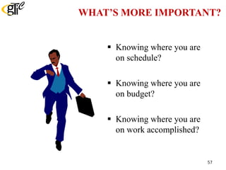WHAT’S MORE IMPORTANT?
 Knowing where you are
on schedule?
 Knowing where you are
on budget?
 Knowing where you are
on work accomplished?
57
 
