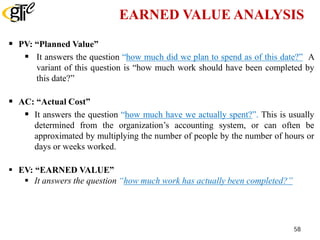  PV: “Planned Value”
 It answers the question “how much did we plan to spend as of this date?” A
variant of this question is “how much work should have been completed by
this date?”
 AC: “Actual Cost”
 It answers the question “how much have we actually spent?”. This is usually
determined from the organization’s accounting system, or can often be
approximated by multiplying the number of people by the number of hours or
days or weeks worked.
 EV: “EARNED VALUE”
 It answers the question “how much work has actually been completed?”
EARNED VALUE ANALYSIS
58
 