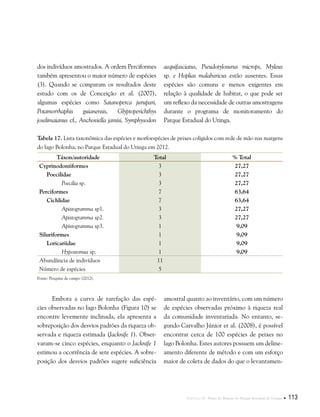 Capítulo II . Plano de Manejo do Parque Estadual do Utinga  113
dos indivíduos amostrados. A ordem Perciformes
também apresentou o maior número de espécies
(3). Quando se comparam os resultados deste
estudo com os de Conceição et al. (2007),
algumas espécies como Satanoperca jurupari,
Potamorrhaphis guianensis, Glyptoperichthys
joselimaianus cf., Anchoviella jamisi, Symphysodon
aequifasciatus, Pseudotylosurus microps, Myleus
sp. e Hoplias malabaricus estão ausentes. Essas
espécies são comuns e menos exigentes em
relação à qualidade de habitat, o que pode ser
um reflexo da necessidade de outras amostragens
durante o programa de monitoramento do
Parque Estadual do Utinga.
Tabela 17. Lista taxonômica das espécies e morfoespécies de peixes coligidos com rede de mão nas margens
do lago Bolonha, no Parque Estadual do Utinga em 2012.
Táxon/autoridade Total % Total
Cyprinodontiformes 3 27,27
Poecilidae 3 27,27
Poecilia sp. 3 27,27
Perciformes 7 63,64
Cichlidae 7 63,64
Apistogramma sp1. 3 27,27
Apistogramma sp2. 3 27,27
Apistogramma sp3. 1 9,09
Siluriformes 1 9,09
Loricariidae 1 9,09
Hypostomus sp. 1 9,09
Abundância de indivíduos 11  
Número de espécies 5  
Fonte: Pesquisa de campo (2012).
Embora a curva de rarefação das espé-
cies observadas no lago Bolonha (Figura 10) se
encontre levemente inclinada, ela apresenta a
sobreposição dos desvios padrões da riqueza ob-
servada e riqueza estimada (Jacknife 1). Obser-
varam-se cinco espécies, enquanto o Jacknife 1
estimou a ocorrência de sete espécies. A sobre-
posição dos desvios padrões sugere suficiência
amostral quanto ao inventário, com um número
de espécies observadas próximo à riqueza real
da comunidade inventariada. No entanto, se-
gundo Carvalho Júnior et al. (2008), é possível
encontrar cerca de 100 espécies de peixes no
lago Bolonha. Estes autores possuem um deline-
amento diferente de método e com um esforço
maior de coleta de dados do que o levantamen-
 