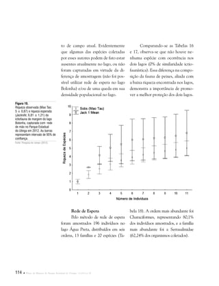 114  Plano de Manejo do Parque Estadual do Utinga . Capítulo II
to de campo atual. Evidentemente
que algumas das espécies coletadas
por esses autores podem de fato estar
ausentes atualmente no lago, ou não
foram capturadas em virtude da di-
ferença de amostragem (não foi pos-
sível utilizar rede de espera no lago
Bolonha) e/ou de uma queda em sua
densidade populacional no lago.
Figura 10.
Riqueza observada (Mao Tao;
5 ± 0,87) e riqueza esperada
(Jacknife; 6,81 ± 1,21) da
ictiofauna de margem do lago
Bolonha, capturada com rede
de mão no Parque Estadual
do Utinga em 2012. As barras
representam intervalo de 95% de
confiança.
Fonte: Pesquisa de campo (2012).
Comparando-se as Tabelas 16
e 17, observa-se que não houve ne-
nhuma espécie com ocorrência nos
dois lagos (0% de similaridade ictio-
faunística). Essa diferença na compo-
sição da fauna de peixes, aliada com
a baixa riqueza encontrada nos lagos,
demonstra a importância de promo-
ver a melhor proteção dos dois lagos.
Rede de Espera
Pelo método de rede de espera
foram amostrados 196 indivíduos no
lago Água Preta, distribuídos em seis
ordens, 13 famílias e 20 espécies (Ta-
bela 18). A ordem mais abundante foi
Characiformes, representando 80,1%
dos indivíduos amostrados, e a família
mais abundante foi a Serrasalmidae
(62,24% dos organismos coletados).
 