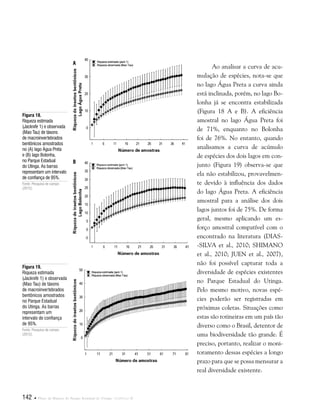 142  Plano de Manejo do Parque Estadual do Utinga . Capítulo II
Figura 18.
Riqueza estimada
(Jacknife 1) e observada
(Mao Tau) de táxons
de macroinvertebrados
bentônicos amostrados
no (A) lago Água Preta
e (B) lago Bolonha,
no Parque Estadual
do Utinga. As barras
representam um intervalo
de confiança de 95%.
Fonte: Pesquisa de campo
(2012).
Figura 19.
Riqueza estimada
(Jacknife 1) e observada
(Mao Tau) de táxons
de macroinvertebrados
bentônicos amostrados
no Parque Estadual
do Utinga. As barras
representam um
intervalo de confiança
de 95%.
Fonte: Pesquisa de campo
(2012).
A
B
Ao analisar a curva de acu-
mulação de espécies, nota-se que
no lago Água Preta a curva ainda
está inclinada, porém, no lago Bo-
lonha já se encontra estabilizada
(Figura 18 A e B). A eficiência
amostral no lago Água Preta foi
de 71%, enquanto no Bolonha
foi de 76%. No entanto, quando
analisamos a curva de acúmulo
de espécies dos dois lagos em con-
junto (Figura 19) observa-se que
ela não estabilizou, provavelmen-
te devido à influência dos dados
do lago Água Preta. A eficiência
amostral para a análise dos dois
lagos juntos foi de 75%. De forma
geral, mesmo aplicando um es-
forço amostral compatível com o
encontrado na literatura (Dias-
-Silva et al., 2010; Shimano
et al., 2010; Juen et al., 2007),
não foi possível capturar toda a
diversidade de espécies existentes
no Parque Estadual do Utinga.
Pelo mesmo motivo, novas espé-
cies poderão ser registradas em
próximas coletas. Situações como
estas são rotineiras em um país tão
diverso como o Brasil, detentor de
uma biodiversidade tão grande. É
preciso, portanto, realizar o moni-
toramento dessas espécies a longo
prazo para que se possa mensurar a
real diversidade existente.
 
