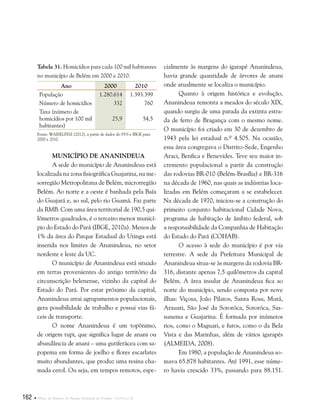 162  Plano de Manejo do Parque Estadual do Utinga . Capítulo II
Tabela 31. Homicídios para cada 100 mil habitantes
no município de Belém em 2000 e 2010.
Ano 2000 2010
População 1.280.614 1.393.399
Número de homicídios 332 760
Taxa (número de
homicídios por 100 mil
habitantes)
25,9 54,5
Fonte: WAISELFISZ (2012), a partir de dados do SVS e IBGE para
2000 e 2010.
Município de Ananindeua
A sede do município de Ananindeua está
localizada na zona fisiográfica Guajarina, na me-
sorregião Metropolitana de Belém, microrregião
Belém. Ao norte e a oeste é banhada pela Baía
do Guajará e, ao sul, pelo rio Guamá. Faz parte
da RMB. Com uma área territorial de 190,5 qui-
lômetros quadrados, é o terceiro menor municí-
pio do Estado do Pará (IBGE, 2010a). Menos de
1% da área do Parque Estadual do Utinga está
inserida nos limites de Ananindeua, no setor
nordeste e leste da UC.
O município de Ananindeua está situado
em terras provenientes do antigo território da
circunscrição belenense, vizinho da capital do
Estado do Pará. Por estar próximo da capital,
Ananindeua atrai agrupamentos populacionais,
gera possibilidade de trabalho e possui vias fá-
ceis de transporte.
O nome Ananindeua é um topônimo,
de origem tupi, que significa lugar de anani ou
abundância de anani – uma gutiferácea com sa-
popema em forma de joelho e flores escarlates
muito abundantes, que produz uma resina cha-
mada cerol. Ou seja, em tempos remotos, espe-
cialmente às margens do igarapé Ananindeua,
havia grande quantidade de árvores de anani
onde atualmente se localiza o município.
Quanto à origem histórica e evolução,
Ananindeua remonta a meados do século XIX,
quando surgiu de uma parada da extinta estra-
da de ferro de Bragança com o mesmo nome.
O município foi criado em 30 de dezembro de
1943 pela lei estadual n.º 4.505. Na ocasião,
essa área congregava o Distrito-Sede, Engenho
Araci, Benfica e Benevides. Teve seu maior in-
cremento populacional a partir da construção
das rodovias BR-010 (Belém-Brasília) e BR-316
na década de 1960, nas quais as indústrias loca-
lizadas em Belém começaram a se estabelecer.
Na década de 1970, iniciou-se a construção do
primeiro conjunto habitacional Cidade Nova,
programa de habitação de âmbito federal, sob
a responsabilidade da Companhia de Habitação
do Estado do Pará (COHAB).
O acesso à sede do município é por via
terrestre. A sede da Prefeitura Municipal de
Ananindeua situa-se às margens da rodovia BR-
316, distante apenas 7,5 quilômetros da capital
Belém. A área insular de Ananindeua fica ao
norte do município, sendo composta por nove
ilhas: Viçosa, João Pilatos, Santa Rosa, Mutá,
Arauari, São José da Sororóca, Sororóca, Sas-
sunema e Guajarina. É formada por inúmeros
rios, como o Maguari, e furos, como o da Bela
Vista e das Marinhas, além de vários igarapés
(ALMEIDA, 2008).
Em 1980, a população de Ananindeua so-
mava 65.878 habitantes. Até 1991, esse núme-
ro havia crescido 33%, passando para 88.151.
 
