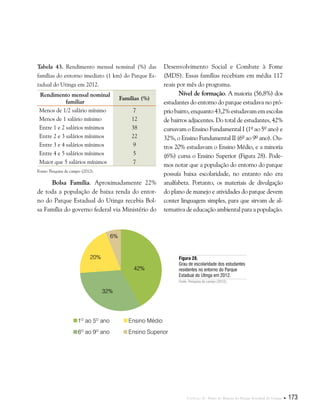 Capítulo II . Plano de Manejo do Parque Estadual do Utinga  173
Tabela 43. Rendimento mensal nominal (%) das
famílias do entorno imediato (1 km) do Parque Es-
tadual do Utinga em 2012.
Rendimento mensal nominal
familiar
Famílias (%)
Menos de 1/2 salário mínimo 7
Menos de 1 salário mínimo 12
Entre 1 e 2 salários mínimos 38
Entre 2 e 3 salários mínimos 22
Entre 3 e 4 salários mínimos 9
Entre 4 e 5 salários mínimos 5
Maior que 5 salários mínimos 7
Fonte: Pesquisa de campo (2012).
Bolsa Família. Aproximadamente 22%
de toda a população de baixa renda do entor-
no do Parque Estadual do Utinga recebia Bol-
sa Família do governo federal via Ministério do
Desenvolvimento Social e Combate à Fome
(MDS). Essas famílias recebiam em média 117
reais por mês do programa.
Nível de formação. A maioria (56,8%) dos
estudantes do entorno do parque estudava no pró-
prio bairro, enquanto 43,2% estudavam em escolas
de bairros adjacentes. Do total de estudantes, 42%
cursavam o Ensino Fundamental I (1º ao 5º ano) e
32%, o Ensino Fundamental II (6º ao 9º ano). Ou-
tros 20% estudavam o Ensino Médio, e a minoria
(6%) cursa o Ensino Superior (Figura 28). Pode-
mos notar que a população do entorno do parque
possuía baixa escolaridade, no entanto não era
analfabeta. Portanto, os materiais de divulgação
do plano de manejo e atividades do parque devem
conter linguagem simples, para que sirvam de al-
ternativa de educação ambiental para a população.
Figura 28.
Grau de escolaridade dos estudantes
residentes no entorno do Parque
Estadual do Utinga em 2012.
Fonte: Pesquisa de campo (2012).
42%
1O
ao 5O
ano
6O
ao 9O
ano
Ensino Médio
Ensino Superior
32%
20%
6%
 