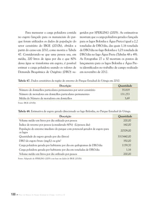 188  Plano de Manejo do Parque Estadual do Utinga . Capítulo II
Para mensurar a carga poluidora contida
no esgoto lançado para os mananciais do par-
que foram utilizados os dados de população do
setor censitário do IBGE (2010h), obtidos a
partir do censo em 2010, como mostra a Tabela
47. Considerando-se que uma pessoa usa, em
média, 200 litros de água por dia e que 80%
dessa água se transforma em esgoto, é possível
estimar a carga poluidora usando os valores de
Demanda Bioquímica de Oxigênio (DBO) su-
geridos por SPERLING (2005). As estimativas
mostram que a carga poluidora gerada e lançada
para os lagos Bolonha e Água Preta é igual a 2,2
toneladas de DBO/dia, das quais 1,16 tonelada
de DBO/dia no lago Bolonha e 1,03 tonelada de
DBO/dia no lago Água Preta (Tabelas 48 e 49).
As Fotografias 27 a 30 mostram os pontos de
lançamento para os lagos Bolonha e Água Pre-
ta identificados no trabalho de campo realizado
em novembro de 2012.
Tabela 47. Dados censitários da região de entorno do Parque Estadual do Utinga em 2010.
Descrição Quantidade
Número de domicílios particulares permanentes por setor censitário 35.819
Número de moradores em domicílios particulares permanentes 131.253
Média do Número de moradores em domicílios 3,69
Fonte: IBGE (2010h).
Tabela 48. Estimativa de esgoto gerado direcionado ao lago Bolonha, no Parque Estadual do Utinga.
Descrição Quantidade
Volume médio em litros por dia utilizado por pessoa 200,00
Índice de retorno por pessoa (considerado 80%) (L/pessoa dia) 160,00
População do entorno imediato do parque com potencial gerador de esgoto para
os lagos
20709,00
Quantidade de esgoto gerado por dia (litros) 3313440,00
DBO do esgoto bruto (mg/L) ou g/m3
350,00
Carga poluidora gerada por habitante por dia em quilogramas de DBO/dia 1159,70
Carga poluidora gerada por habitante por dia em toneladas de DBO/dia 1,16
Volume médio em litros por dia utilizado por pessoa 200,00
Fonte: Adaptado de SPERLING (2005) com base em dados do IBGE (2010h).
 