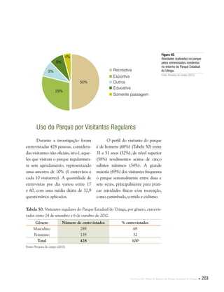 Capítulo II . Plano de Manejo do Parque Estadual do Utinga  203
Uso do Parque por Visitantes Regulares
Figura 40.
Atividades realizadas no parque
pelos entrevistados residentes
no entorno do Parque Estadual
do Utinga.
Fonte: Pesquisa de campo (2012).
Durante a investigação foram
entrevistadas 428 pessoas, considera-
das visitantes não oficiais, isto é, aque-
les que visitam o parque regularmen-
te sem agendamento, representando
uma amostra de 10% (1 entrevista a
cada 10 visitantes). A quantidade de
entrevistas por dia variou entre 17
e 60, com uma média diária de 32,9
questionários aplicados.
O perfil do visitante do parque
é de homens (68%) (Tabela 50) entre
31 e 51 anos (52%), de nível superior
(58%) rendimentos acima de cinco
salários mínimos (34%). A grande
maioria (69%) dos visitantes frequenta
o parque semanalmente entre duas e
sete vezes, principalmente para prati-
car atividades físicas e/ou recreação,
como caminhada, corrida e ciclismo.
Tabela 50. Visitantes regulares do Parque Estadual do Utinga, por gênero, entrevis-
tados entre 24 de setembro e 6 de outubro de 2012.
Gênero Número de entrevistados % entrevistados
Masculino 289 68
Feminino 139 32
Total 428 100
Fonte: Pesquisa de campo (2012).
Recreativa
Educativa
Esportiva
Somente passagem
Outros50%
29%
9%
8%
4%
 