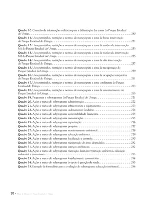 20  Plano de Manejo do Parque Estadual do Utinga
Quadro 10. Camadas de informações utilizadas para a delimitação das zonas do Parque Estadual
do Utinga... . . . . . . . . . . . . . . . . . . . . . . . . . . . . . . . . . . . . . . . . . . . . . . . . . . . . . . . . . . . . . . . . . . . . . . . . . . . . . . . . . . . . . . . . . . . . . . . 240
Quadro 11. Usos permitidos, restrições e normas de manejo para a zona de baixa intervenção
do Parque Estadual do Utinga... .. .. .. .. .. .. .. .. .. .. .. .. .. .. .. .. .. .. .. .. .. .. .. .. .. .. .. .. .. .. .. .. .. .. .. .. .. 251
Quadro 12. Usos permitidos, restrições e normas de manejo para a zona de moderada intervenção
M1 do Parque Estadual do Utinga... . . . . . . . . . . . . . . . . . . . . . . . . . . . . . . . . . . . . . . . . . . . . . . . . . . . . . . . . . . . . . . . . . . . . . 253
Quadro 13. Usos permitidos, restrições e normas de manejo para a zona de moderada intervenção
M2 do Parque Estadual do Utinga... . . . . . . . . . . . . . . . . . . . . . . . . . . . . . . . . . . . . . . . . . . . . . . . . . . . . . . . . . . . . . . . . . . . . . 255
Quadro 14. Usos permitidos, restrições e normas de manejo para a zona de alta intervenção
do Parque Estadual do Utinga... .. .. .. .. .. .. .. .. .. .. .. .. .. .. .. .. .. .. .. .. .. .. .. .. .. .. .. .. .. .. .. .. .. .. .. .. .. 257
Quadro 15. Usos permitidos, restrições e normas de manejo para a zona de recuperação do
Parque Estadual do Utinga... . . . . . . . . . . . . . . . . . . . . . . . . . . . . . . . . . . . . . . . . . . . . . . . . . . . . . . . . . . . . . . . . . . . . . . . . . . . . . 259
Quadro 16. Usos permitidos, restrições e normas de manejo para a zona de ocupação temporária
do Parque Estadual do Utinga... .. .. .. .. .. .. .. .. .. .. .. .. .. .. .. .. .. .. .. .. .. .. .. .. .. .. .. .. .. .. .. .. .. .. .. .. .. 261
Quadro 17. Usos permitidos, restrições e normas de manejo para a zona conflitante do Parque
Estadual do Utinga... . . . . . . . . . . . . . . . . . . . . . . . . . . . . . . . . . . . . . . . . . . . . . . . . . . . . . . . . . . . . . . . . . . . . . . . . . . . . . . . . . . . . . 263
Quadro 18. Usos permitidos, restrições e normas de manejo para a zona de amortecimento do
Parque Estadual do Utinga... . . . . . . . . . . . . . . . . . . . . . . . . . . . . . . . . . . . . . . . . . . . . . . . . . . . . . . . . . . . . . . . . . . . . . . . . . . . . . 265
Quadro 19. Programas e subprogramas do Parque Estadual do Utinga... . . . . . . . . . . . . . . . . . . . . . . . . . . . . . . . 271
Quadro 20. Ações e metas do subprograma administração... . . . . . . . . . . . . . . . . . . . . . . . . . . . . . . . . . . . . . . . . . . . 272
Quadro 21. Ações e metas do subprograma infraestrutura e equipamento... . . . . . . . . . . . . . . . . . . . . . . . . . . . 273
Quadro 22. Ações e metas do subprograma ordenamento fundiário... . . . . . . . . . . . . . . . . . . . . . . . . . . . . . . . . . 274
Quadro 23. Ações e metas do subprograma sustentabilidade financeira... . . . . . . . . . . . . . . . . . . . . . . . . . . . . . 275
Quadro 24. Ações e metas do subprograma comunicação... .. .. .. .. .. .. .. .. .. .. .. .. .. .. .. .. .. .. .. .. .. .. 275
Quadro 25. Ações e metas do subprograma capacitação. .. . . . . . . . . . . . . . . . . . . . . . . . . . . . . . . . . . . . . . . . . . . . . . 276
Quadro 26. Ações e metas do subprograma pesquisa... . . . . . . . . . . . . . . . . . . . . . . . . . . . . . . . . . . . . . . . . . . . . . . . . . 277
Quadro 27. Ações e metas do subprograma monitoramento ambiental... .. .. .. .. .. .. .. .. .. .. .. .. .. .. .. 278
Quadro 28. Ações e metas do subprograma educação ambiental... . . . . . . . . . . . . . . . . . . . . . . . . . . . . . . . . . . . . . 279
Quadro 29. Ações e metas do subprograma fiscalização e controle... . . . . . . . . . . . . . . . . . . . . . . . . . . . . . . . . . . . 280
Quadro 30. Ações e metas do subprograma recuperação de áreas degradadas... . . . . . . . . . . . . . . . . . . . . . . . 282
Quadro 31. Ações e metas do subprograma serviços ambientais... . . . . . . . . . . . . . . . . . . . . . . . . . . . . . . . . . . . . . 282
Quadro 32. Ações e metas do subprograma recreação, lazer, interpretação ambiental, educação
ambiental e ecoturismo... . . . . . . . . . . . . . . . . . . . . . . . . . . . . . . . . . . . . . . . . . . . . . . . . . . . . . . . . . . . . . . . . . . . . . . . . . . . . . . . . . 283
Quadro 33. Ações e metas do subprograma fortalecimento comunitário... . . . . . . . . . . . . . . . . . . . . . . . . . . . . . 284
Quadro 34. Ações e metas do subprograma de apoio à geração de renda. .. .. .. .. .. .. .. .. .. .. .. .. .. .. .. 285
Quadro 35. Exemplo de formulário para a avaliação do subprograma educação ambiental... .. .. .. .. .. 286
 
