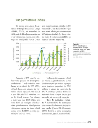 Capítulo II . Plano de Manejo do Parque Estadual do Utinga  213
Uso por Visitantes Oficiais
De acordo com dados da ge-
rência do Parque Estadual do Utinga
(SEMA, 2012b), até novembro de
2012, mais de 21 mil pessoas visitaram
a UC oficialmente, ou seja, com solici-
tação via ofício para a SEMA. O mês
com maior frequência foi junho (4.775
visitantes). O mês de outubro foi o que
teve maior solicitação das instituições
(87 visitas realizadas). Por fim, o volu-
me maior de visitantes em 2012 foi no
segundo semestre (Figura 46).
Figura 46.
Número de instituições e
visitantes oficiais no Parque
Estadual do Utinga entre janeiro
e novembro de 2012.
*Os números estão subestimados, pois
algumas instituições não forneceram esta
informação.
Fonte: SEMA (2012b).
Ademais, o BPA também rea-
liza visitas guiadas. Em 2012 aproxi-
madamente 17 mil visitantes rece-
beram apoio oficial do BPA (BPA,
2012a). Juntos, os números de visi-
tantes oficiais apoiados pela SEMA
e pelo BPA em 2012 somavam cer-
ca de 38 mil pessoas. Esse número
é maior que o de 2010 (último ano
com dados de visitação consolida-
dos), quando mais de 35 mil pessoas
visitaram o parque de forma oficial
com o apoio da SEMA e outras ins-
tituições (SEMA, 2010).
Utilização de transporte oficial
do parque. A grande maioria (72%)
das instituições que visitou o parque
entre janeiro e novembro de 2012
utilizou o serviço de transporte da
UC. A condução (ônibus) desloca os
visitantes desde a origem (escola, por
exemplo) até o centro de visitação.
Tipo de instituição visitan-
te. A maioria (57%) das instituições
que visitou oficialmente o parque fo-
ram escolas (Figura 47). O restante
(43%) distribui-se entre associações
comunitárias, igrejas, federações etc.
12
19
41
15
29
70
17
53
62
87
68
413 629
1.734
555
1.186
4.775
854
2.717
2.036
3.698
2707
0
10
20
30
40
50
60
70
80
90
100
0
1.000
2.000
3.000
4.000
5.000
6.000
Instituições Número de Visitantes*
Númerodeinstituições
Númerodevisitantes
Janeiro
Fevereiro
M
arço
Abril
M
aio
Junho
Julho
AgostoSetem
bro
O
utubroNovem
bro
 