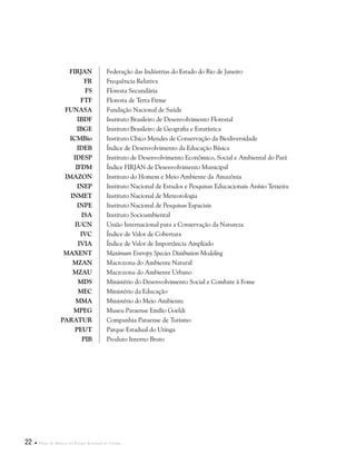 22  Plano de Manejo do Parque Estadual do Utinga
FIRJAN Federação das Indústrias do Estado do Rio de Janeiro
FR Frequência Relativa
FS Floresta Secundária
FTF Floresta de Terra Firme
FUNASA Fundação Nacional de Saúde
IBDF Instituto Brasileiro de Desenvolvimento Florestal
IBGE Instituto Brasileiro de Geografia e Estatística
ICMBio Instituto Chico Mendes de Conservação da Biodiversidade
IDEB Índice de Desenvolvimento da Educação Básica
IDESP Instituto de Desenvolvimento Econômico, Social e Ambiental do Pará
IFDM Índice FIRJAN de Desenvolvimento Municipal
IMAZON Instituto do Homem e Meio Ambiente da Amazônia
INEP Instituto Nacional de Estudos e Pesquisas Educacionais Anísio Teixeira
INMET Instituto Nacional de Meteorologia
INPE Instituto Nacional de Pesquisas Espaciais
ISA Instituto Socioambiental
IUCN União Internacional para a Conservação da Natureza
IVC Índice de Valor de Cobertura
IVIA Índice de Valor de Importância Ampliado
MAXENT Maximum Entropy Species Distibution Modeling
MZAN Macrozona do Ambiente Natural
MZAU Macrozona do Ambiente Urbano
MDS Ministério do Desenvolvimento Social e Combate à Fome
MEC Ministério da Educação
MMA Ministério do Meio Ambiente
MPEG Museu Paraense Emílio Goeldi
PARATUR Companhia Paraense de Turismo
PEUT Parque Estadual do Utinga
PIB Produto Interno Bruto
 