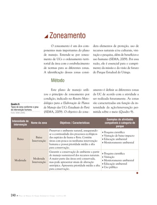 240  Plano de Manejo do Parque Estadual do Utinga . Capítulo III
 Zoneamento
O zoneamento é um dos com-
ponentes mais importantes do plano
de manejo. Entende-se por zonea-
mento de UCs o ordenamento terri-
torial da área com o estabelecimento
de normas para as diferentes zonas.
A identificação dessas zonas consi-
dera elementos de proteção, uso de
recursos naturais e/ou culturais, visi-
tação e pesquisa, além de benefícios e
uso humano (SEMA, 2009). Por essa
razão, ele é essencial para o cumpri-
mento da missão e da visão de futuro
do Parque Estadual do Utinga.
Método
Este plano de manejo utili-
zou o princípio de zoneamento por
condição, indicado no Roteiro Meto-
dológico para a Elaboração de Planos
de Manejo das UCs Estaduais do Pará
(SEMA, 2009). O objetivo do zone-
amento é definir as diferentes zonas
da UC de acordo com a atividade a
ser realizada futuramente. As zonas
são caracterizadas em função da in-
tensidade da ação/intervenção per-
mitida sobre o meio (Quadro 9).
Quadro 9.
Tipos de zona conforme o grau
de intervenção humana.
Fonte: Sema (2009).
Intensidade de
intervenção
Nome da zona Objetivos / Características
Exemplos de atividades
compatíveis à categoria de
parque
Baixa
Baixa
Intervenção
Preservar o ambiente natural, assegurando-
se a continuidade dos processos ecológicos
das espécies de fauna e flora. Contém
áreas com pouca ou nenhuma intervenção
humana e possui prioridade média a alta
para conservação.
 Pesquisa científica
 Visitação de baixo impacto
 Educação ambiental
 Monitoramento ambiental
Moderada
Moderada
Intervenção
Garantir a conservação do ambiente a partir
do manejo sustentavel dos recursos naturais.
A maior parte das áreas está conservada,
mas pode apresentar sinais de alteração
antrópica. Apresenta prioridade média a alta
para conservação.
 Pesquisa científica
 Visitação
 Monitoramento ambiental
 Educação ambiental
 Uso público

 