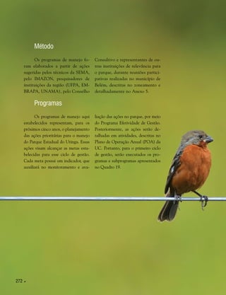 272 
Método
Os programas de manejo aqui
estabelecidos representam, para os
próximos cinco anos, o planejamento
das ações prioritárias para o manejo
do Parque Estadual do Utinga. Essas
ações visam alcançar as metas esta-
belecidas para esse ciclo de gestão.
Cada meta possui um indicador, que
auxiliará no monitoramento e ava-
Os programas de manejo fo-
ram elaborados a partir de ações
sugeridas pelos técnicos da SEMA,
pelo IMAZON, pesquisadores de
instituições da região (UFPA, EM-
BRAPA, UNAMA), pelo Conselho
Consultivo e representantes de ou-
tras instituições de relevância para
o parque, durante reuniões partici-
pativas realizadas no município de
Belém, descritas no zoneamento e
detalhadamente no Anexo 5.
Programas
liação das ações no parque, por meio
do Programa Efetividade de Gestão.
Posteriormente, as ações serão de-
talhadas em atividades, descritas no
Plano de Operação Anual (POA) da
UC. Portanto, para o primeiro ciclo
de gestão, serão executados os pro-
gramas e subprogramas apresentados
no Quadro 19.
 