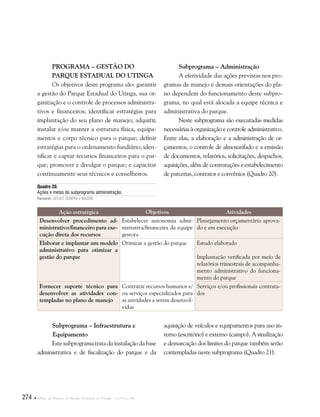 274  Plano de Manejo do Parque Estadual do Utinga . Capítulo III
Programa – Gestão do
Parque Estadual do Utinga
Os objetivos deste programa são: garantir
a gestão do Parque Estadual do Utinga, sua or-
ganização e o controle de processos administra-
tivos e financeiros; identificar estratégias para
implantação do seu plano de manejo; adquirir,
instalar e/ou manter a estrutura física, equipa-
mentos e corpo técnico para o parque; definir
estratégias para o ordenamento fundiário; iden-
tificar e captar recursos financeiros para o par-
que; promover e divulgar o parque; e capacitar
continuamente seus técnicos e conselheiros.
Subprograma – Administração
A efetividade das ações previstas nos pro-
gramas de manejo e demais orientações do pla-
no dependem do funcionamento deste subpro-
grama, no qual está alocada a equipe técnica e
administrativa do parque.
Neste subprograma são executadas medidas
necessárias à organização e controle administrativo.
Entre elas, a elaboração e a administração de or-
çamentos, o controle de almoxarifado e a emissão
de documentos, relatórios, solicitações, despachos,
aquisições, além de contratações e estabelecimento
de parcerias, contratos e convênios (Quadro 20).
Subprograma – Infraestrutura e
Equipamento
Este subprograma trata da instalação da base
administrativa e de fiscalização do parque e da
Ação estratégica Objetivos Atividades
Desenvolver procedimento ad-
ministrativo/financeiro para exe-
cução direta dos recursos
Estabelecer autonomia admi-
nistrativa/financeira da equipe
gestora
Planejamento orçamentário aprova-
do e em execução
Elaborar e implantar um modelo
administrativo para otimizar a
gestão do parque
Otimizar a gestão do parque Estudo elaborado
Implantacão verificada por meio de
relatórios trimestrais de acompanha-
mento administrativo do funciona-
mento do parque
Fornecer suporte técnico para
desenvolver as atividades con-
templadas no plano de manejo
Contratar recursos humanos e/
ou serviços especializados para
as atividades a serem desenvol-
vidas
Serviços e/ou profissionais contrata-
dos
Quadro 20.
Ações e metas do subprograma administração.
Parceiros: SECULT, SEINFRA e IMAZON.
aquisição de veículos e equipamentos para uso in-
terno (escritório) e externo (campo). A sinalização
e demarcação dos limites do parque também serão
contempladas neste subprograma (Quadro 21).
 