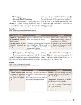 Capítulo III . Plano de Manejo do Parque Estadual do Utinga  277
Subprograma –
	 Sustentabilidade Financeira
Este subprograma é responsável por
identificar e captar recursos financeiros para
a execução das ações estratégicas do plano de
manejo e para a sustentabilidade financeira do
Parque Estadual do Utinga. Inclui também a
realização de estudos sobre mecanismos para
a sustentabilidade econômica e financeira da
UC (Quadro 23).
Ação estratégica Objetivos Atividades
Estruturar mecanismos
de arrecadação para usu-
ários/visitantes
Implantar diferentes formas de arreca-
dação dos visitantes do parque
Arrecadação diferenciada por
área visitada (aquário, trilhas, vi-
sitas guiadas etc.) definida
Investir recursos da com-
pensação ambiental no
parque
Compensação pela captação da água em
lagos protegidos por UCs de acordo com
o SNUC, linhões de transmissão e ou-
torga pelo uso da água
Investimentos no parque oriundos
de Fundo de Compensação Am-
biental sendo realizados
Quadro 23.
Ações e metas do subprograma sustentabilidade financeira.
Parceiros: IMAZON, UEPA, UFPA e PARATUR.
Subprograma – Comunicação
Este subprograma é responsável pela di-
vulgação das informações referentes ao Parque
Estadual do Utinga, por exemplo, seu plano de
manejo e as atividades realizadas nos seus limi-
tes, em diferentes meios de comunicação, de
modo a garantir a transparência da gestão e a
participação social (Quadro 24).
Ação estratégica Objetivos Atividades
Divulgar o parque para
o entorno e introduzir
os eventos ocorridos no
cotidiano dessa popula-
ção
Sensibilizar a sociedade próxima ao
parque sobre a importância de pre-
servá-lo
Prever e divulgar com antecedência
os eventos realizados no parque
Material de educação ambiental sobre o
parque voltado para esse público elabo-
rado e divulgado
Palestras sobre o parque nas escolas lo-
calizadas no entorno realizadas
Calendário de eventos anual do parque
elaborado e divulgado
Eventos realizados
Quadro 24.
Ações e metas do subprograma comunicação.
Parceiros: Secretaria de Estado de Comunicação (SECOM), Fundação Paraense de
Radiodifusão (FUNTELPA) e Conselho Consultivo.

 