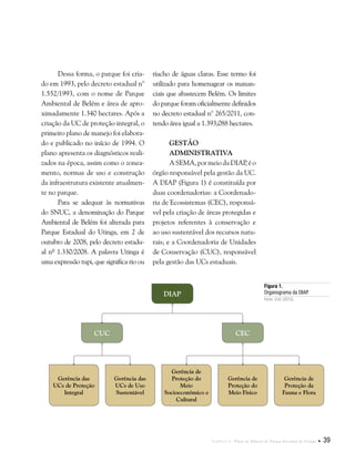 Capítulo I . Plano de Manejo do Parque Estadual do Utinga  39
Dessa forma, o parque foi cria-
do em 1993, pelo decreto estadual n°
1.552/1993, com o nome de Parque
Ambiental de Belém e área de apro-
ximadamente 1.340 hectares. Após a
criação da UC de proteção integral, o
primeiro plano de manejo foi elabora-
do e publicado no início de 1994. O
plano apresenta os diagnósticos reali-
zados na época, assim como o zonea-
mento, normas de uso e construção
da infraestrutura existente atualmen-
te no parque.
Para se adequar às normativas
do SNUC, a denominação do Parque
Ambiental de Belém foi alterada para
Parque Estadual do Utinga, em 2 de
outubro de 2008, pelo decreto estadu-
al nº 1.330/2008. A palavra Utinga é
uma expressão tupi, que significa rio ou
riacho de águas claras. Esse termo foi
utilizado para homenagear os manan-
ciais que abastecem Belém. Os limites
do parque foram oficialmente definidos
no decreto estadual n° 265/2011, con-
tendo área igual a 1.393,088 hectares.
Gestão
Administrativa
A SEMA, por meio da DIAP, é o
órgão responsável pela gestão da UC.
A DIAP (Figura 1) é constituída por
duas coordenadorias: a Coordenado-
ria de Ecossistemas (CEC), responsá-
vel pela criação de áreas protegidas e
projetos referentes à conservação e
ao uso sustentável dos recursos natu-
rais; e a Coordenadoria de Unidades
de Conservação (CUC), responsável
pela gestão das UCs estaduais.
Figura 1.
Organograma da DIAP.
Fonte: CUC (2013).
DIAP
Gerência das
UCs de Proteção
Integral
Gerência das
UCs de Uso
Sustentável
Gerência de
Proteção do
Meio
Socioeconômico e
Cultural
Gerência de
Proteção do
Meio Físico
Gerência de
Proteção da
Fauna e Flora
CUC CEC
 