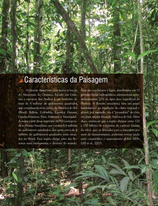 56 
 Características da Paisagem
A Grande Amazônia (que inclui as bacias
do Amazonas, do Orenoco, Escudo das Guia-
nas e encostas dos Andes) é um território de
mais de 8 milhões de quilômetros quadrados
que compreende nove países da América do Sul
(Brasil, Bolívia, Colômbia, Equador, Guiana,
Guiana Francesa, Peru, Suriname e Venezuela).
A maior parte desse território (80%) correspon-
de ao bioma Amazônia, que totaliza 6,4 milhões
de quilômetros quadrados, dos quais cerca de 4
milhões de quilômetros quadrados estão situa-
dos no Brasil. Essa região abriga uma das flo-
restas mais exuberantes e diversas do mundo.
Seus rios caudalosos e lagos, distribuídos em 13
grandes bacias hidrográficas, representam apro-
ximadamente 20% da água doce superficial do
Planeta. A floresta amazônica tem um papel
fundamental na regulação do clima regional e
global; por exemplo, ela é “provedora” de chu-
vas para amplas áreas da América do Sul. Além
disso, estima-se que a região abrigue entre 120
e 150 bilhões de toneladas de carbono (acima
do solo), que, se liberadas para a atmosfera por
meio do desmatamento, poderiam tornar ainda
mais catastrófico o aquecimento global (MA-
LHI et al., 2007).
 