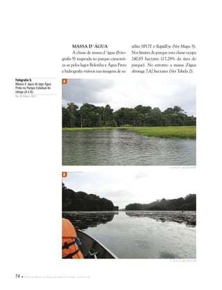 74  Plano de Manejo do Parque Estadual do Utinga . Capítulo II
Massa d´água
A classe de massa d´água (Foto-
grafia 9) mapeada no parque caracteri-
za-se pelos lagos Bolonha e Água Preta
e hidrografia visíveis nas imagens de sa-
Fotografia 9.
Massa d´água do lago Água
Preta no Parque Estadual do
Utinga (A e B).
Por: Eli Franco, 2012.
télite SPOT e RapidEye (Ver Mapa 5).
Nos limites do parque esta classe ocupa
240,85 hectares (17,28% da área do
parque). No entorno a massa d'água
abrange 7,42 hectares (Ver Tabela 2).
A
B
1°25'02"S 48°24'55"W
1°24'35"S 48°25'02"W
 