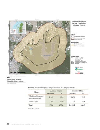 86  Plano de Manejo do Parque Estadual do Utinga . Capítulo II
Tabela 5. Geomorfologia do Parque Estadual do Utinga e entorno.
Classes
Área do parque Entorno (1km)
Hectares % Hectares %
Tabuleiros Paraenses
(sub-dentríticos)
1.149 82,4 2.147,9 99,7
Massa d’água 245 17,6 7,3 0,3
Total 1.394 100,0 2.155,2 100,0
Fonte: IBGE (2012a).
Mapa 8.
Geomorfologia do Parque
Estadual do Utinga e entorno.
Fonte: IBGE (2012a).
Fonte de Dados:
IBGE Limite Estadual, 2010
Limite Municipal, 2010
Hidrografia, 2010
Geomorfologia, 2008
SEMA Unidade de Conservação, 2011
IMAZON Caracterização da Paisagem, 2012
IMAGEM SPOT, 2010
Legenda
Geomorfologia
Parque Estadual do Utinga
Área do Entorno do Parque
Estadual do Utinga
Tabuleiros Paraenses
(Bacias Sedimentares e
Coberturas Incosolidadas)
Geomorfologias do
Parque Estadual do
Utinga e Entorno
Responsável Técnico:
Crédito:
 