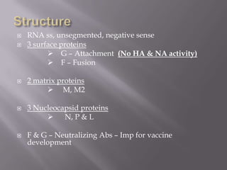    RNA ss, unsegmented, negative sense
   3 surface proteins
           G – Attachment (No HA & NA activity)
           F – Fusion

   2 matrix proteins
           M, M2

   3 Nucleocapsid proteins
             N, P & L

   F & G – Neutralizing Abs – Imp for vaccine
    development
 