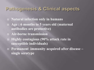    Natural infection only in humans
   Age : 6 months to 5 years old (maternal
    antibodies are protective)
   Air-borne transmission
   Highly contagious (90% attack rate in
    susceptible individuals)
   Permanent immunity acquired after disease –
    single serotype
 