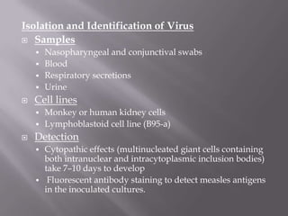 Isolation and Identification of Virus
 Samples
     Nasopharyngeal and conjunctival swabs
     Blood
     Respiratory secretions
     Urine
   Cell lines
     Monkey or human kidney cells
     Lymphoblastoid cell line (B95-a)
   Detection
     Cytopathic effects (multinucleated giant cells containing
      both intranuclear and intracytoplasmic inclusion bodies)
      take 7–10 days to develop
     Fluorescent antibody staining to detect measles antigens
      in the inoculated cultures.
 