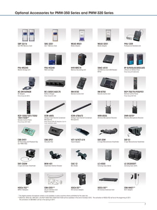 7
Optional Accessories for PMW-350 Series and PMW-320 Series
SBP-32/16
SxS PRO Memory Card
PXU-HC240
HDD Cartridge
AC-DN10/DN2B
AC Adaptor
RCP-750/751/920/921
Remote Control Panel
DWR-S01D*
Wireless Microphone Receiver
SBS-32G1
SxS-1 Memory Card
HVR-MRC1K
Memory Recording Unit
BC-L500/L160/L70
Battery Charger
MEAD-MS01
Media Adaptor
SBAC-US10
SxS Memory Card USB Reader/
Writer
ECM-680S
Shotgun-type Electret Condenser
Microphone
PHU-120R
Professional Harddisk Unit
RM-B150
Remote Control Unit
ECM-678/673
Shotgun-type Electret Condenser
Microphone
PXU-MS240
Mobile Storage Unit
BP-GL95/GL65/L80S/L60S
Lithium-ion Battery Pack
RM-B750
Remote Control Unit
WRR-855S
Wireless Microphone Receiver
*	The digital wireless microphone system is not available in some countries where prohibited by the radio law.
**	XDCA-55, XDCU-50, CKB-CE01, and RCP-1000/1001/1500/1501/1530 will be available in the end of October 2010. The activation of HDCA-702 will be at the beginning of 2011.
The activation of CBK-WA01 will be in the Spring of 2011.
RCP-1000/1001/1500/
1501/1530**
Remote Control Panel
MEAD-SD01
Media Adaptor
HDCA-702**
MPEG TSAdaptor
XDCA-55**
HD Camera Adaptor
CBK-CE01**
50-pin Interface and
Digital Extender
XDCU-50**
HD Camera Extension Unit
CBK-WA01**
Wi-Fi Adaptor
DXF-C50W
5-type LCD Color Viewfinder
BKW-401
Viewfinder Rotation Bracket
CAC-12
Mic Holder
LC-H300
Carrying Case (Hard)
LC-DS300SFT
Carrying Case (Soft)
DXF-51
5-type Monochrome Viewfinder
CBK-DV01
SD Recording and Playback Key
(for PMW-350)
CBK-SP01
Shoulder Pad
VCT-14/VCT-U14
Tripod Adaptor
DXF-20W
2.0-type Monochrome Viewfinder
Photo Shows ECM-678, Requires 3-pin to
5-pin conversion cable
Photo Shows RCP-1000
Photo Shows AC-DN10 Photo Shows BC-L500 Photo Shows RCP-920
Photo Shows BP-L80S/L60S
 