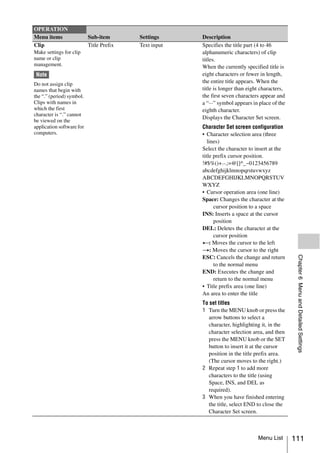 OPERATION
Menu items                 Sub-item       Settings     Description
Clip                       Title Prefix   Text input   Specifies the title part (4 to 46
Make settings for clip                                 alphanumeric characters) of clip
name or clip                                           titles.
management.                                            When the currently specified title is
 Note                                                  eight characters or fewer in length,
Do not assign clip
                                                       the entire title appears. When the
names that begin with                                  title is longer than eight characters,
the “.” (period) symbol.                               the first seven characters appear and
Clips with names in                                    a “···” symbol appears in place of the
which the first                                        eighth character.
character is “.” cannot
                                                       Displays the Character Set screen.
be viewed on the
application software for                               Character Set screen configuration
computers.                                             • Character selection area (three
                                                          lines)
                                                       Select the character to insert at the
                                                       title prefix cursor position.
                                                       !#$%()+.-.;=@[]^_~0123456789
                                                       abcdefghijklmnopqrstuvwxyz
                                                       ABCDEFGHIJKLMNOPQRSTUV
                                                       WXYZ
                                                       • Cursor operation area (one line)
                                                       Space: Changes the character at the
                                                             cursor position to a space
                                                       INS: Inserts a space at the cursor
                                                             position
                                                       DEL: Deletes the character at the
                                                             cursor position
                                                       T: Moves the cursor to the left
                                                       t: Moves the cursor to the right




                                                                                                 Chapter 6 Menu and Detailed Settings
                                                       ESC: Cancels the change and return
                                                             to the normal menu
                                                       END: Executes the change and
                                                             return to the normal menu
                                                       • Title prefix area (one line)
                                                       An area to enter the title
                                                       To set titles
                                                       1 Turn the MENU knob or press the
                                                         arrow buttons to select a
                                                         character, highlighting it, in the
                                                         character selection area, and then
                                                         press the MENU knob or the SET
                                                         button to insert it at the cursor
                                                         position in the title prefix area.
                                                         (The cursor moves to the right.)
                                                       2 Repeat step 1 to add more
                                                         characters to the title (using
                                                         Space, INS, and DEL as
                                                         required).
                                                       3 When you have finished entering
                                                         the title, select END to close the
                                                         Character Set screen.



                                                                                Menu List       111
 