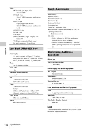 Others
                   DC IN: XLR type, 4-pin, male
                                                                     Supplied Accessories
                        11 to 17 V DC
                   DC OUT: 4-pin                                     Viewfinder (1)
                        11 to 17 V DC, maximum rated current:        Shoulder strap (1)
                        0.5 A                                        Stereo microphone (1)
                   LENS: 12-pin                                      Windscreen (1)
                        Supplying power to the lens                  Cold shoe kit (1 set)
                        11 to 17 V DC, maximum rated current:        Lens mount cap
                        1.0 A                                        Flange back adjustment chart
                   REMOTE: 8-pin                                     Auto focus lens (supplied with the PMW-320K) (1)
                   LIGHT: 2-pin                                      Operating Instructions
                   USB: 4-pin                                             English version (1)
                   i.LINK (HDV/DV): 6-pin, complies with             CD-ROM
                        IEEE1394                                          - Utility Software for XDCAM (application
                   VF: 26-pin, rectangular, 20-pin round                    software, device driver software)
                   For wireless receiver: D-sub 15-pin                    - Manuals for Solid-State Memory Camcorder
                                                                            (PDF Operating Instructions and Supplement)
                                                                            (1)
           Lens Block (PMW-320K Only)
Appendix




                                                                     Recommended Additional
           Focal length
                           (1/
                   5.8 mm 4 inches) to 93 mm (3    3/   inches)
                                                                     Equipment
                                                     4
                   (equivalent to 31.4 mm (1 1/4 inches) to 503 mm
                                                                     Option key
                   (19 7/8 inches) on 35 mm (1 7/16 inches) lens)
           Zoom                                                      Hardware Upgrade Key

                   Servo/Manual selectable                                  CBK-UPG02

           Zoom ratio
                                                                     Power supply and related equipment
                   16×
                                                                     AC Adaptor
           Maximum relative aperture
                                                                            AC-DN10/DN2B
                   1:1.9
                                                                     Battery Pack
           Iris
                                                                            BP-GL95A/L80S/L60S
                   Auto/Manual selectable
                   F1.9 to F16 and C (close)                         Battery Charger

           Focus                                                            BC-L160/L500/L70

                   Auto/Manual selectable
                                                                     Lens, Viewfinder and Related Equipment
                   Ranges:
                   800 mm (31 1/2 inches) to ∞ (Macro OFF)           Lens
                                                                            1/ -type
                   50 mm (2 inches) to ∞ (Macro ON, Wide)                     2        bayonet mount lenses only
           Filter thread                                             Viewfinder
                   M82 mm, pitch 0.75 mm                                    DXF-20W/51/C50W
           Macro                                                     Viewfinder Rotation Bracket
                   ON/OFF switchable                                        BKW-401

                                                                     Note
                                                                     The viewfinder able to use the BKW-401 is DXF-20W
                                                                     besides the supplied camcorder.




166         Specifications
 