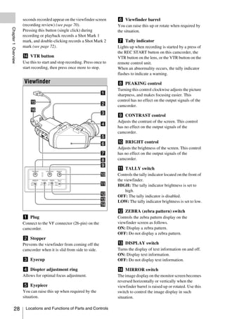 seconds recorded appear on the viewfinder screen      f Viewfinder barrel
                     (recording review) (see page 70).                     You can raise this up or rotate when required by
Chapter 1 Overview



                     Pressing this button (single click) during            the situation.
                     recording or playback records a Shot Mark 1
                     mark, and double-clicking records a Shot Mark 2       g Tally indicator
                     mark (see page 72).                                   Lights up when recording is started by a press of
                                                                           the REC START button on this camcorder, the
                     n VTR button                                          VTR button on the lens, or the VTR button on the
                     Use this to start and stop recording. Press once to   remote control unit.
                     start recording, then press once more to stop.        When an abnormality occurs, the tally indicator
                                                                           flashes to indicate a warning.
                     Viewfinder                                            h PEAKING control
                                                                           Turning this control clockwise adjusts the picture
                                                                           sharpness, and makes focusing easier. This
                                                                           control has no effect on the output signals of the
                                                                           camcorder.

                                                                           i CONTRAST control
                                                                           Adjusts the contrast of the screen. This control
                                                                           has no effect on the output signals of the
                                                                           camcorder.

                                                                           j BRIGHT control
                                                                           Adjusts the brightness of the screen. This control
                                                                           has no effect on the output signals of the
                                                                           camcorder.

                                                                           k TALLY switch
                                                                           Controls the tally indicator located on the front of
                                                                           the viewfinder.
                                                                           HIGH: The tally indicator brightness is set to
                                                                                high.
                                                                           OFF: The tally indicator is disabled.
                                                                           LOW: The tally indicator brightness is set to low.

                                                                           l ZEBRA (zebra pattern) switch
                     a Plug                                                Controls the zebra pattern display on the
                     Connect to the VF connector (26-pin) on the           viewfinder screen as follows.
                     camcorder.                                            ON: Display a zebra pattern.
                                                                           OFF: Do not display a zebra pattern.
                     b Stopper
                     Prevents the viewfinder from coming off the           m DISPLAY switch
                     camcorder when it is slid from side to side.          Turns the display of text information on and off.
                                                                           ON: Display text information.
                     c Eyecup                                              OFF: Do not display text information.

                     d Diopter adjustment ring                             n MIRROR switch
                     Allows for optimal focus adjustment.                  The image display on the monitor screen becomes
                                                                           reversed horizontally or vertically when the
                     e Eyepiece                                            viewfinder barrel is raised up or rotated. Use this
                     You can raise this up when required by the            switch to control the image display in such
                     situation.                                            situation.

          28          Locations and Functions of Parts and Controls
 