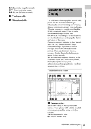L/R: Reverse the image horizontally.
OFF: Do not reverse the image.          Viewfinder Screen




                                                                                              Chapter 1 Overview
B/T: Reverse the image vertically.
                                        Display
o Viewfinder cable

p Microphone holder                    The viewfinder screen displays not only the video
                                       picture but also characters and messages
                                       indicating the camcorder settings and operating
                                       status, a center marker, a safety zone marker, etc.
                                       When the menu screen is not displayed and the
                                       DISPLAY switch is set to ON, the items for
                                       which an ON setting was made with
                                       OPERATION >Super Impose in the setup menu
                                       or with related switches are displayed at the top
                                       and bottom of the screen.
                                       Caution messages are indicated for three seconds
                                       when you carry out operations to change
                                       camcorder settings. Adjustment execution
                                       messages are indicated while adjustments
                                       proceed. When adjustments are finished,
                                       messages showing the results of adjustments
                                       appear for three seconds.
                                       Not only these indications are displayed on the
                                       viewfinder screen, but a menu setting enables
                                       them to be output as video signals.
                                       All items that can be displayed on the viewfinder
                                       screen are shown below.

                                       Top of viewfinder screen




                                       a Extender settings
                                       Indicates the setting of the digital extender
                                       function (when optional CBK-CE01 is installed)
                                       of this camcorder and the setting of the lens
                                       extender.
                                       EX: The lens extender is on.
                                       08: The lens shrinker is on.



                                                           Viewfinder Screen Display         29
 