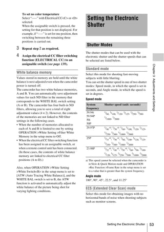 To set no color temperature
    Select “-----” with Electrical CC<C> or <D>
    selected.
                                                         Setting the Electronic
    When the assignable switch is pressed, the           Shutter
    setting for that position is not displayed. For
    example, if “-----” is set for one position, then
    switching between the remaining three
    positions is carried out.
                                                         Shutter Modes
3   Repeat step 2 as required.
                                                        The shutter modes that can be used with the
4   Assign the electrical CC filter switching           electronic shutter and the shutter speeds that can
    function (ELECTRICAL CC) to an                      be selected are listed below.
    assignable switch (see page 139).




                                                                                                                    Chapter 3 Adjustments and Settings
                                                        Standard mode
White balance memory                                    Select this mode for shooting fast-moving
Values stored in memory are held until the white        subjects with little blurring.
balance is next adjusted even when the camcorder        You can set the shutter speed in one of two shutter
power is turned off.                                    modes: Speed mode, in which the speed is set in
The camcorder has two white balance memories,           seconds, and Angle mode, in which the speed is
A and B. You can automatically save adjustment          set in degrees.
values for each ND filter in the memory that
                                                        Speed mode
corresponds to the WHITE BAL switch setting
(A or B). The camcorder has four built-in ND            System           Shutter speed (unit: seconds)
filters, allowing you to save a total of eight          frequency
adjustment values (4 × 2). However, the contents        59.94i           1/ 1/     1     1     1     1
                                                                           60, 100, /120, /125, /250, /500,
of the memories are not linked to ND filter             59.94P           1/     1/
                                                        50i                1000, 2000
settings in the following cases.
• When the number of memories allocated to              50P
                                                        29.97P           1/ a), 1/ a) 1/ , 1/      1    1
  each of A and B is limited to one by setting                             40     50 , 60 100, /120, /125,
  OPERATION >White Setting >Filter White                                 1/ , 1/      1/      1/
                                                                           250 500, 1000, 2000
  Memory in the setup menu to Off.
                                                        25P              1/ a), 1/ a), 1/ 1/ , 1/       1
• When the electrical CC filter switching function                         33     50     60, 100 120, /125,
                                                                         1/ , 1/      1       1
  has been assigned to an assignable switch, or                            250 500, /1000, /2000
  when a remote control unit has been connected.        23.98P           1/ a), 1/ a), 1/ a), 1/ , 1/ , 1/ ,
                                                                           32     48     50      60 96 100
  (In these cases, the contents of white balance                         1/    1     1      1     1     1
  memory are linked to electrical CC filter                                120, /125, /250, /500, /1000, /2000

  positions (A to D).)                                  a) This speed cannot be selected when the camcorder is
                                                           in Slow & Quick Motion mode and OPERATION
Also, when OPERATION >White Setting                        >Rec Function >Frame Rate in the setup menu is set
>White Switch<B> in the setup menu is set to               to a value that is greater than the system frequency.
[ATW (Auto Tracing White Balance)], and the             Angle mode
WHITE BAL switch is set to B, the ATW                   180°, 90°, 45°, 22.5°, and 11.25°
function is activated to automatically adjust the
white balance of the picture being shot for             ECS (Extended Clear Scan) mode
varying lighting conditions.
                                                        Select this mode for obtaining images with no
                                                        horizontal bands of noise when shooting subjects
                                                        such as monitor screens.




                                                                           Setting the Electronic Shutter          53
 