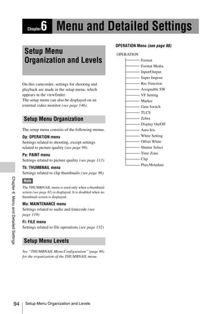 Chapter   6 Menu and Detailed Settings
                                                                                                   OPERATION Menu (see page 98)
                                        Setup Menu                                                 OPERATION
                                        Organization and Levels                                                Format
                                                                                                               Format Media
                                                                                                               Input/Output
                                                                                                               Super Impose
                                       On this camcorder, settings for shooting and                            Rec Function
                                       playback are made in the setup menu, which                              Assignable SW
                                       appears in the viewfinder.                                              VF Setting
                                       The setup menu can also be displayed on an                              Marker
                                       external video monitor (see page 146).                                  Gain Switch
                                                                                                               TLCS
                                        Setup Menu Organization                                                Zebra
                                                                                                               Display On/Off
                                       The setup menu consists of the following menus.                         Auto Iris
                                       Op: OPERATION menu                                                      White Setting
                                       Settings related to shooting, except settings                           Offset White
                                       related to picture quality (see page 98)                                Shutter Select
                                       Pa: PAINT menu                                                          Time Zone
                                       Settings related to picture quality (see page 113)                      Clip
                                                                                                               Plan.Metadata
                                       Th: THUMBNAIL menu
                                       Settings related to clip thumbnails (see page 86)
Chapter 6 Menu and Detailed Settings




                                        Note
                                       The THUMBNAIL menu is used only when a thumbnail
                                       screen (see page 82) is displayed. It is disabled when no
                                       thumbnail screen is displayed.
                                       Ma: MAINTENANCE menu
                                       Settings related to audio and timecode (see
                                       page 119)
                                       Fi: FILE menu
                                       Settings related to file operations (see page 132)


                                        Setup Menu Levels
                                       See “THUMBNAIL Menu Configuration” (page 86)
                                       for the organization of the THUMBNAIL menu.




                    94                   Setup Menu Organization and Levels
 