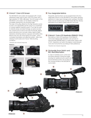 SONY54237_XDCAM-EX         4/4/08      8:52 AM     Page 11




                                                                                                                             Operational Versatility




         A       3.5-inch* Color LCD Screen                                    B   Four Assignable Buttons
                 The XDCAM EX camcorders are equipped with a newly                 Frequently used functions can be programmed onto four
                 developed, large, easy-to-view, color LCD screen with a           assignable buttons on the XDCAM EX camcorders, allowing
                 high resolution of 1920 x 480 pixels. The LCD screen of the       operators to make rapid changes when working in the field.
                 XDCAM EX camcorders can be flexibly rotated for                   These can be functions such as ATW, Freeze Mix, Rec Review,
                 accessible viewing from any shooting angle.                       Expanded Focus, Depth-of-field indicator, and more.
                 The ease of focusing offered by this high resolution panel,
                 location and adjustability permits using it as a viewfinder
                 or camera assistant operator panel. It can also be used
                 to instantly review recorded footage, as well as access
                 the camera's set-up menus and view thumbnails, display
                 status indications such as audio meters, depth-of-field
                 indicators, remaining memory capacity and battery time.
                 What's more, the use of the hybrid LCD screen - which         C   0.54-inch* Color LCD Viewfinder (PMW-EX1 Only)
                 comprises transmissive and reflective panels - offers clear       The 0.54-inch color LCD viewfinder of the PMW-EX1
                 viewing in both studio and “full sun” field shooting              camcorder displays high-resolution color pictures of
                 conditions.                                                       approximately 250,000 pixels in a wide-screen aspect ratio
                 *Viewable area measured diagonally.                               of 16:9. Operators can switch the display mode between
                                                                                   color and monochrome according to their preference.
                 PMW-EX1
                                                                                   *Viewable area measured diagonally.




                                                                               D   On-handle Zoom Switch and
                                                                                   REC Start/Stop Button
                                                                                   In order to facilitate zoom control and
                 PMW-EX3                                                           recording operation during low-angle
                                                                                   shooting, an additional zoom switch and
                                                                                   record start/stop button are located on
                                                                                   the carrying handle of the XDCAM EX
                                                                                   camcorders.


                                                                                            D

                                                                                                                         C



                                                                        A
                                                                                                                   B




                                      D




             A
                                                                                                  B                                 PMW-EX1


                                                             B




             PMW-EX3                         B
                                                                                                                                                11
 