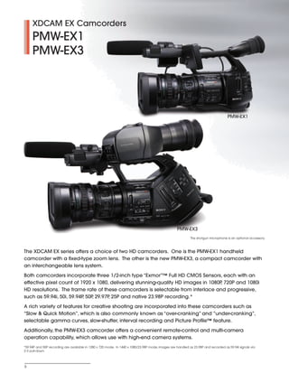SONY54237_XDCAM-EX     4/4/08      8:52 AM       Page 6




              XDCAM EX Camcorders
              PMW-EX1
              PMW-EX3




                                                                                                                                              PMW-EX1




                                                                                                             PMW-EX3
                                                                                                                     The shotgun microphone is an optional accessory.



         The XDCAM EX series offers a choice of two HD camcorders. One is the PMW-EX1 handheld
         camcorder with a fixed-type zoom lens. The other is the new PMW-EX3, a compact camcorder with
         an interchangeable lens system.
         Both camcorders incorporate three 1/2-inch type “Exmor”™ Full HD CMOS Sensors, each with an
         effective pixel count of 1920 x 1080, delivering stunning-quality HD images in 1080P 720P and 1080i
                                                                                             ,
         HD resolutions. The frame rate of these camcorders is selectable from interlace and progressive,
         such as 59.94i, 50i, 59.94P 50P 29.97P 25P and native 23.98P recording.*
                                    ,   ,      ,
         A rich variety of features for creative shooting are incorporated into these camcorders such as
         “Slow & Quick Motion”, which is also commonly known as “over-cranking” and ”under-cranking”,
         selectable gamma curves, slow-shutter, interval recording and Picture Profile™ feature.
         Additionally, the PMW-EX3 camcorder offers a convenient remote-control and multi-camera
         operation capability, which allows use with high-end camera systems.
         *59.94P and 50P recording are available in 1280 x 720 mode. In 1440 x 1080/23.98P mode, images are handled as 23.98P and recorded as 59.94i signals via
         2-3 pull-down.




          6
 