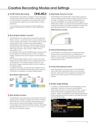 SONY54237_XDCAM-EX      4/4/08      8:52 AM               Page 9




          Creative Recording Modes and Settings
            23.98P Native Recording                                                                      Selectable Gamma Curves
            The XDCAM EX camcorders, a member of Sony's legendary                                        The XDCAM EX camcorders offer a wide variety of gamma
            CineAlta family, offer the native 23.98P* recording capability                               curves to flexibly handle contrast, and give a specific 'look' to
            on its handy body. This feature, accompanied with other                                      an image. In addition to four types of standard gamma
            creative features makes the camcorder ideal for cinema                                       curves, the XDCAM EX camcorders provide four types of
            production.                                                                                  CINE Gamma (CINE 1, 2, 3, and 4),which are identical to those
            *On the XDCAM EX camcorder, images are handled as 23.98P and                                 on high-end CineAlta camcorders. Operators can select the
            recorded as 59.94i signals via 2-3 pull-down in 1440 x 1080/23.98P (SP)                      best-suited preset gamma curve depending on scenes.
            mode.
                                                                                                         CINE Gamma Curves


            Slow & Quick Motion Function
            The XDCAM EX camcorders offer a powerful Slow & Quick                                                                     CINE1
            Motion function – commonly known as over-cranking and                                                                     CINE2
            under-cranking by filmmakers – that enables users to create                                                               CINE3
            unique 'looks' or slow- and fast-motion special effects.                                                                  CINE4
            The XDCAM EX camcorders can capture images at frame
            rates selectable from 1 fps (frame per second) to 60 fps in
            720P mode and from 1 fps to 30 fps in 1080P mode, in
            increments of 1 fps.                                                                         Interval Recording Function
            For example,when viewed at 23.98P images captured at 60
                                                 ,                                                       The XDCAM EX camcorders offer an Interval Recording
            fps will appear 2.5 times slower than normal. Conversely,                                    function that records one frame at pre-determined
            images captured at four fps will appear six times faster than                                intervals. This is convenient for shooting over long periods
            normal.                                                                                      of time, and also when creating special effects of
            With the Slow & Quick Motion function of this camcorder,                                     extremely quick motion.
            images are recorded natively with no padded frames and
            at full resolution. The obtained quality of the slow- and
            fast-motion images is extremely high from those created in
            the editing process.
                                                                                                         Frame Recording Function
            In addition, these slow- and quick-motion images can be
            played back immediately after shooting, without using any                                    Frame Recording is a unique feature of the XDCAM EX
            converters or processing on nonlinear editing systems.                                       camcorders that is especially useful for clay animation
                                                                                                         shooting. Using this function, images for pre-determined
            Slow Motion Mechanism                                                                        frames are recorded every time the Record button is
                              1 sec                       1 sec                   1 sec                  pressed.

            Recording
            60 fps
                        123            58 59 60 123                58 59 60 123            58 59 60
                               2.5 times slow motion                                                     Shutter Angle Settings
            Playback
            24 fps      123           22 23 24 25 26 27           46 47 48 49 50 59 60 1 2 11 12 13 14
                                                                                                         In addition to traditional electronic shutter speed controls
                                                                                                         adjustable in fractions of a second, the XDCAM EX
                                                                                                         camcorders also have a “shutter angle” control – which is
                                                                                                         familiar to filmmakers. By setting the shutter adjustment
                                                                                                         mode to “angle”, the XDCAM EX camcorders automatically
            Slow Shutter Function                                                                        set the proper exposure time, based on the selected frame
                                                                                                         rate and shutter angle.
            The XDCAM EX camcorders offer a Slow Shutter function for
            capturing clear images in low-light environments. The Slow
            Shutter function not only increases camera sensitivity but
            also produces a special blurring effect when shooting a
            moving object, for enhanced shooting creativity. The shutter
            speed is selectable from 2-, 3-, 4-, 5-, 6-, 7-, 8-, 16-, 32-, and
            64- frame accumulation periods.




                                                                                                                                                                        9
 