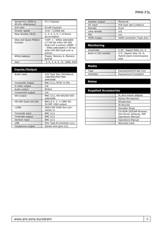 PMW-F3L

Sensitivity (2000 lx,   F11 (Typical)                   Speaker output         Monaural
89.9% reflectance)                                      DC input               XLR type 4pin (male)x1
S/N ratio               63 dB (Typical)                 Remote                 8-pin
Shutter speed           1/32 - 1/2000 sec               Lens remote            n/a
Slow Shutter (SLS)      2, 3, 4, 5, 6, 7, 8 frame       MIC                    n/a
                        accumulation
                                                        HDMI output            HDMI connector (Type A)x1
Slow and Quick Motion   720P: 1 - 60fps selectable
function                (17-60 fps when HD-SDI
                        Dual Link is active) 1080P: 1   Monitoring
                        - 30fps selectable(17-30 fps
                        when HD-SDI Dual Link is        Viewfinder             0.45", Aspect Ratio 16: 9
                        active)                         Built-in LCD monitor   3.5", Aspect ratio 16: 9,
White balance           Preset, Memory A, Memory                               Hybrid (semi-transmissive)
                        B/ATW                                                  type
Gain                    -3, 0, 3, 6, 9, 12, 18dB, AGC
                                                        Media
Inputs/Output                                           Type                   ExpressCard/34 slot (x2)
Audio input             XLR Type 3pin (female)x2,       Interface              ExpressCard Compliant
                        LINE/MIC/MIC?48V
                        selectable
Composite output        BNC (x1), NTSC or PAL           Notes
S-Video output          n/a
Audio output            RCAx2
                                                        Supplied Accessories
Component output        n/a
SDI output              BNC (x1), HD-SDI/SD-SDI                                PL lens mount adapter
                        selectable                                             Stereo Microphone
HD-SDI Dual Link Out    BNCx2 4: 2: 2 1080 50/                                 Windscreen
                        59.94P 10bit output                                    IR Remote
i.LINK                  IEEE1394 S400 4on Con-                                 Shoulder Strap
                        nector x1
                                                                               CD-ROM (XDCAM Browser,
Timecode input          BNC (x1)                                               SxS Driver software, PDF
Timecode output         BNC (x1)                                               Operations Manual)
Genlock input           BNC (x1)                                               Operations Manual
USB                     Mini Type-B connector (x1)                             Warranty Card
Headphone output        Stereo mini-jack (x1)




www.pro.sony.eu/xdcam                                                                                     5
 
