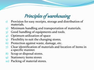 Principles of warehousing 
1) Provision for easy receipts, storage and distribution of 
materials. 
2) Minimum handling and transportation of materials. 
3) Good handling of equipments and tools. 
4) Optimum utilization of space 
5) Flexibility to suit the changing stores. 
6) Protection against waste, damage, etc. 
7) Clear identification of materials and location of items in 
a specific manner. 
8) Scrap or disposal stores. 
9) Stationery items stores 
10) Packing of material stores. 
 